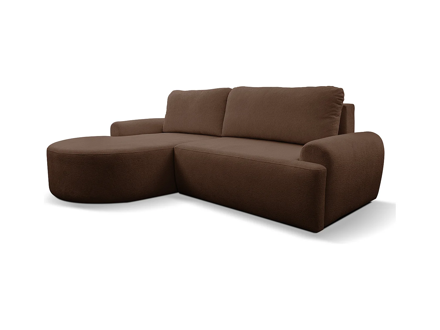 Canapé d'angle Dream avec fonction couchage et coffre de rangement, couleur : brun foncé, tissu bouclé, pouf à gauche
