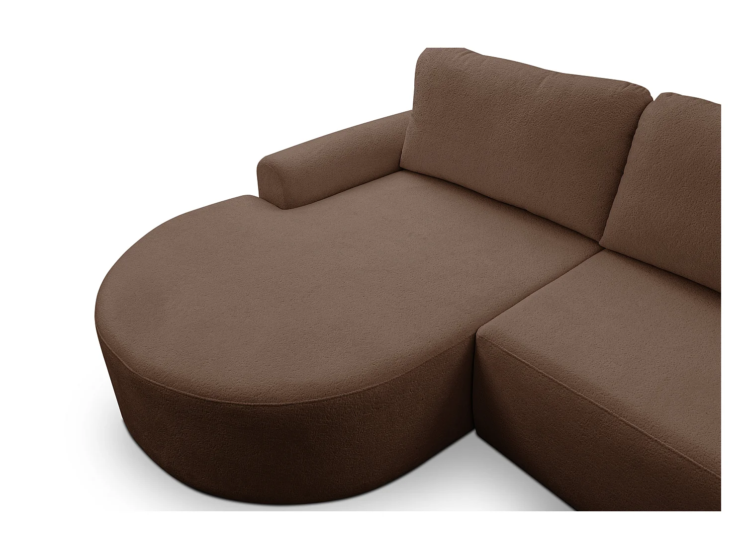 Canapé d'angle Dream avec fonction couchage et coffre de rangement, couleur : brun foncé, tissu bouclé, pouf à gauche