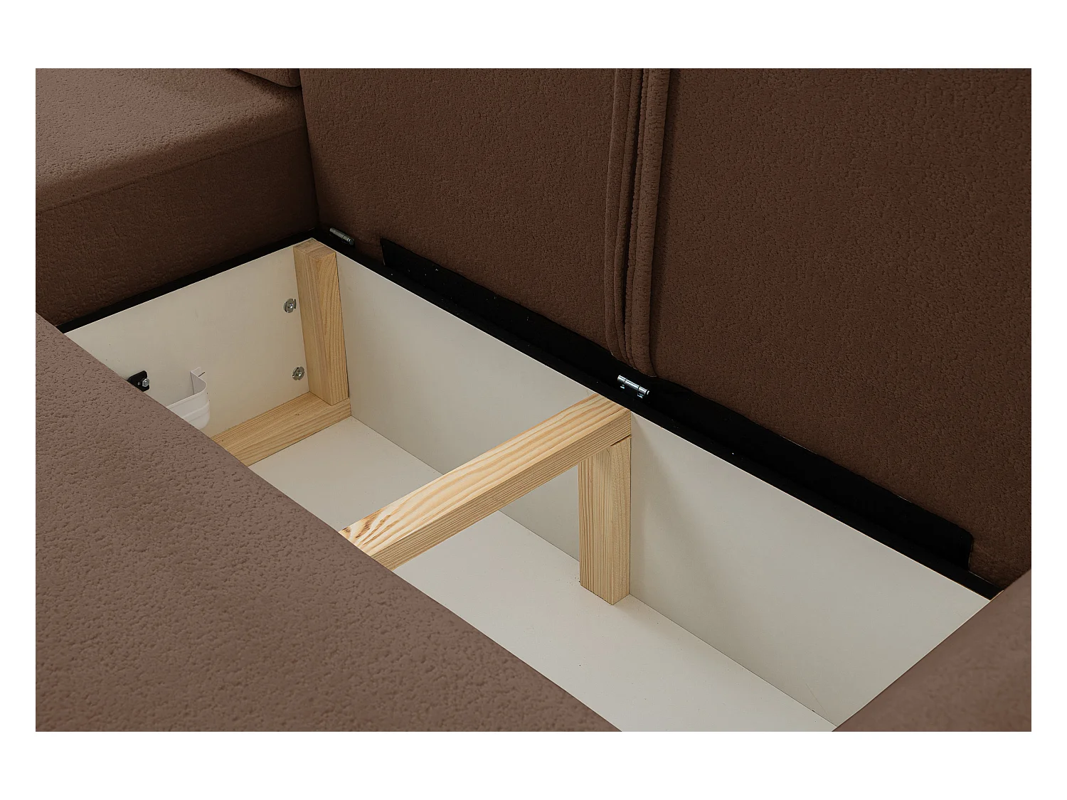 Canapé d'angle Dream avec fonction couchage et coffre de rangement, couleur : brun foncé, tissu bouclé, pouf à gauche