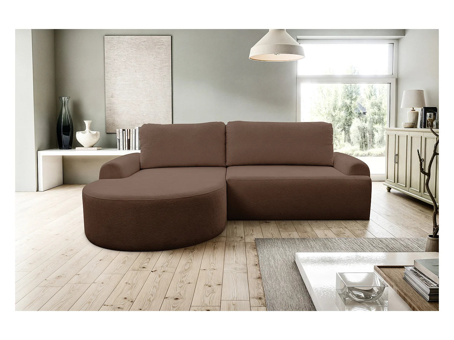 Canapé d'angle Dream avec fonction couchage et coffre de rangement, couleur : brun foncé, tissu bouclé, pouf à gauche