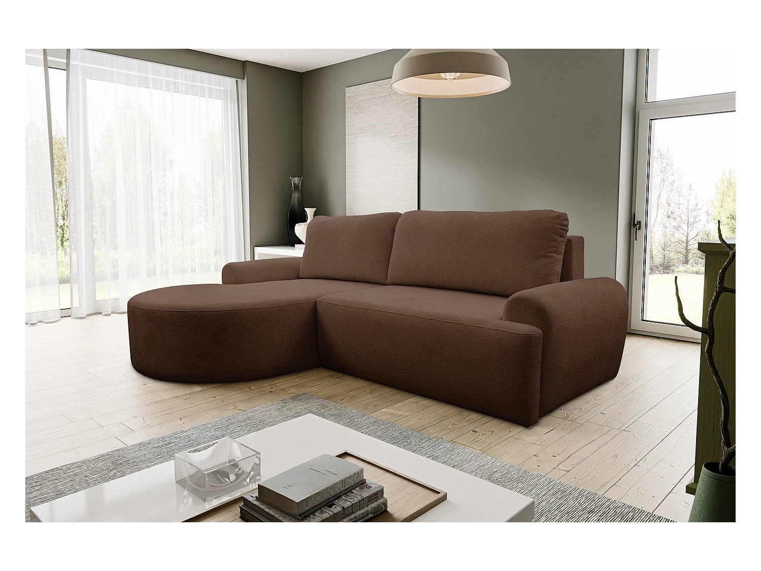 Canapé d'angle Dream avec fonction couchage et coffre de rangement, couleur : brun foncé, tissu bouclé, pouf à gauche