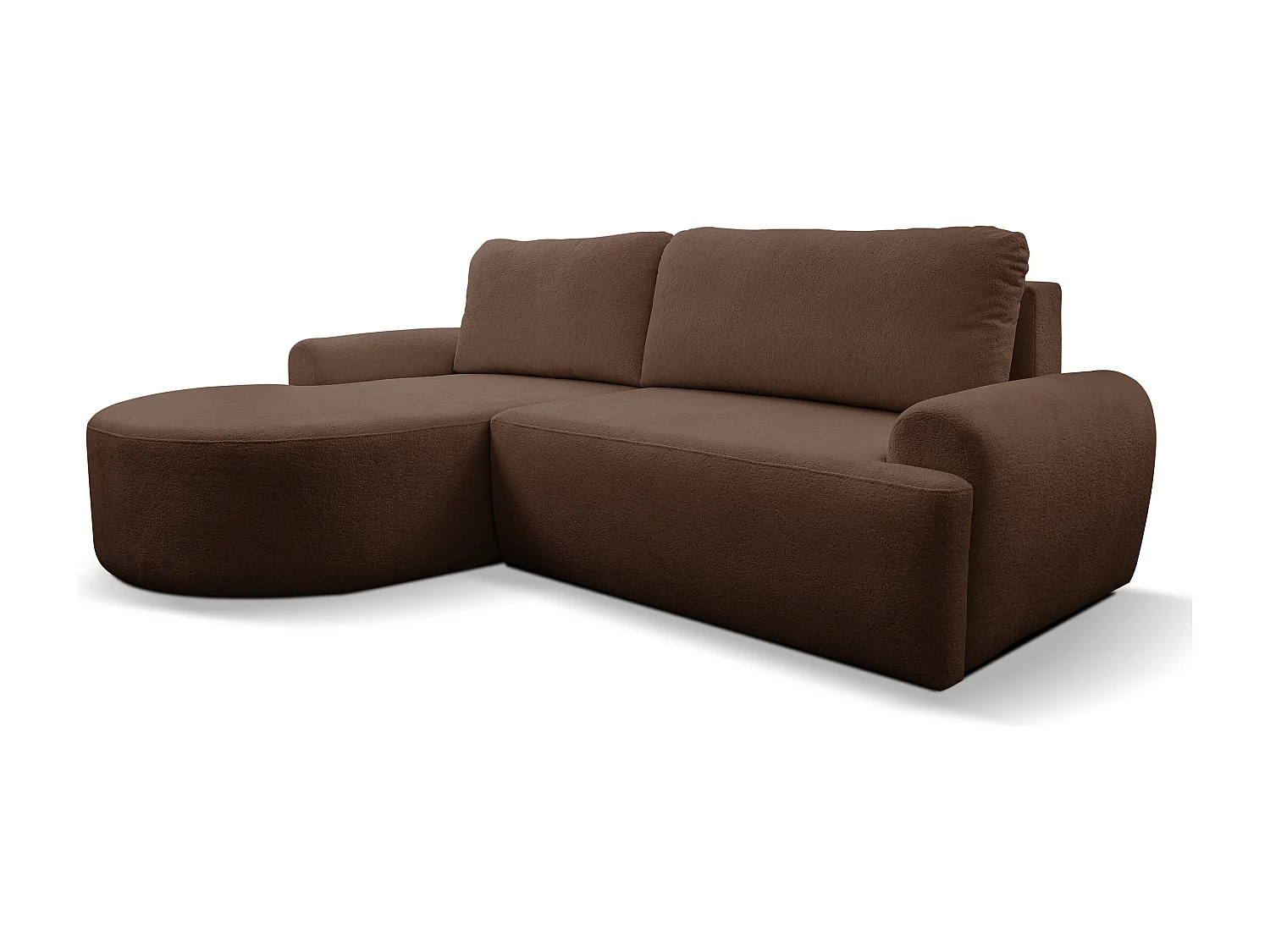 Canapé d'angle Dream avec fonction couchage et coffre de rangement, couleur : brun foncé, tissu bouclé, pouf à gauche