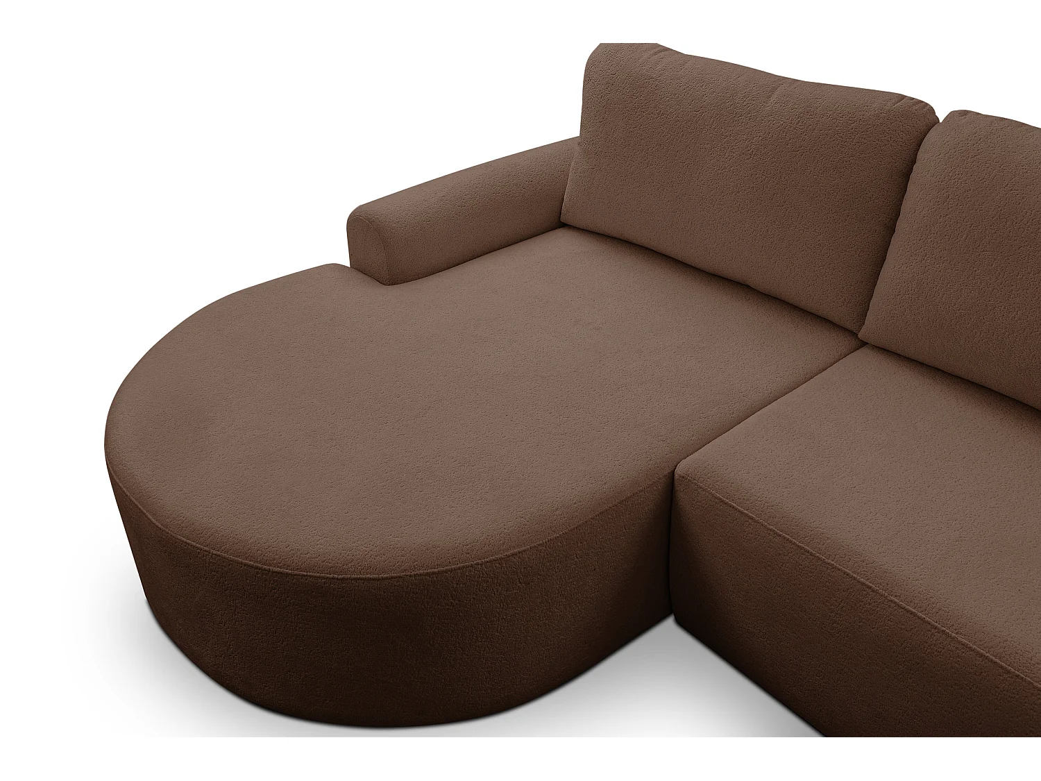Canapé d'angle Dream avec fonction couchage et coffre de rangement, couleur : brun foncé, tissu bouclé, pouf à gauche