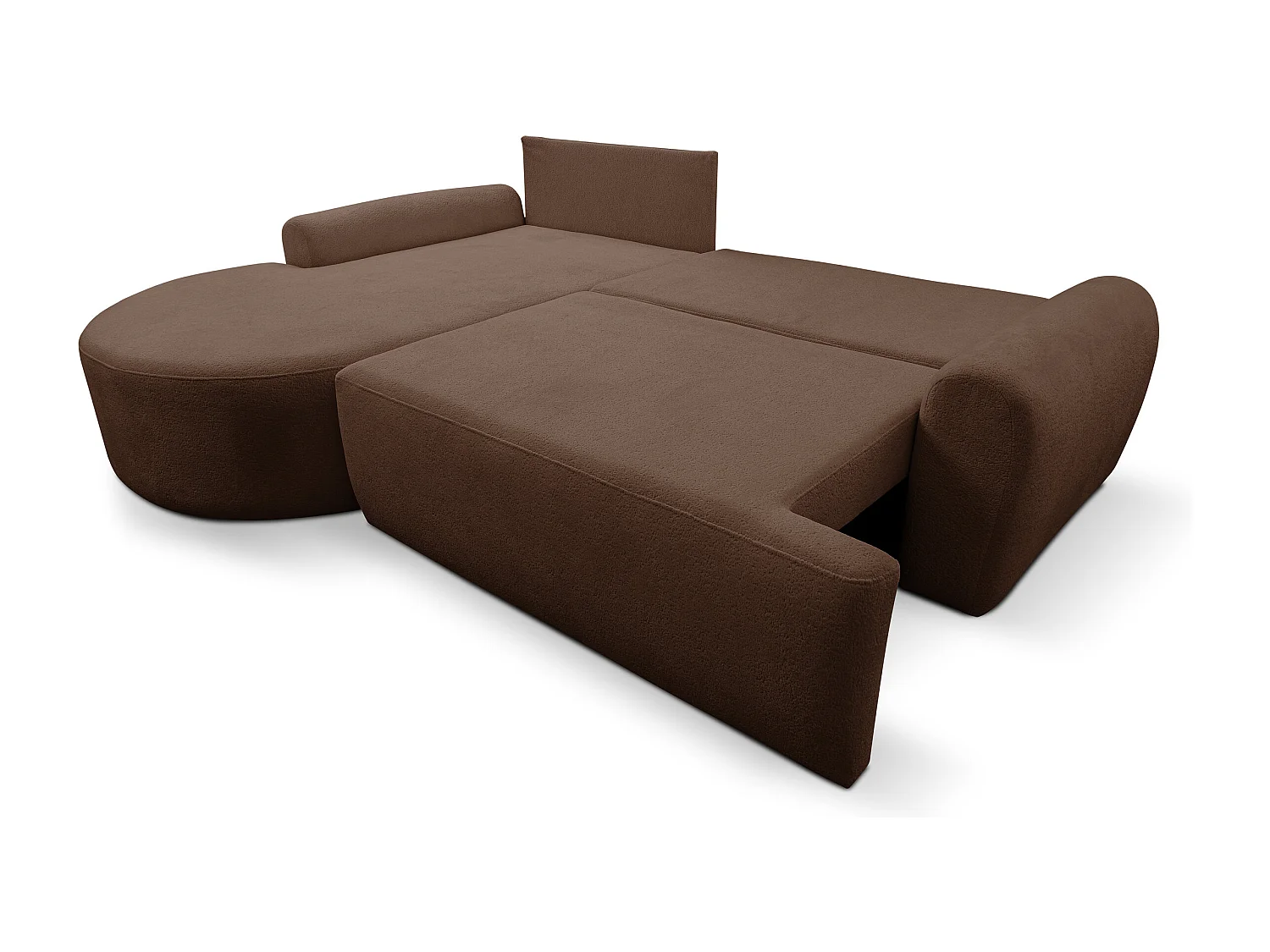 Canapé d'angle Dream avec fonction couchage et coffre de rangement, couleur : brun foncé, tissu bouclé, pouf à gauche