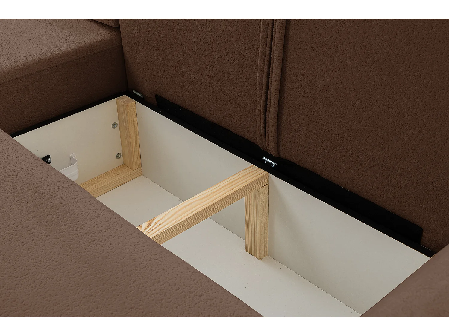 Canapé d'angle Dream avec fonction couchage et coffre de rangement, couleur : brun foncé, tissu bouclé, pouf à gauche