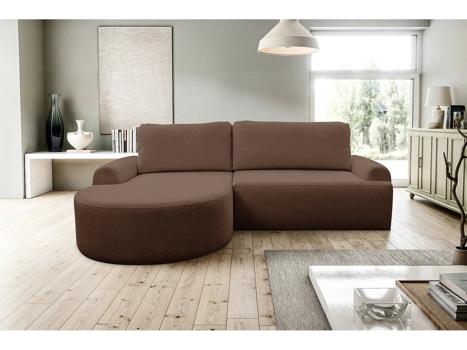 Canapé d'angle Dream avec fonction couchage et coffre de rangement, couleur : brun foncé, tissu bouclé, pouf à gauche