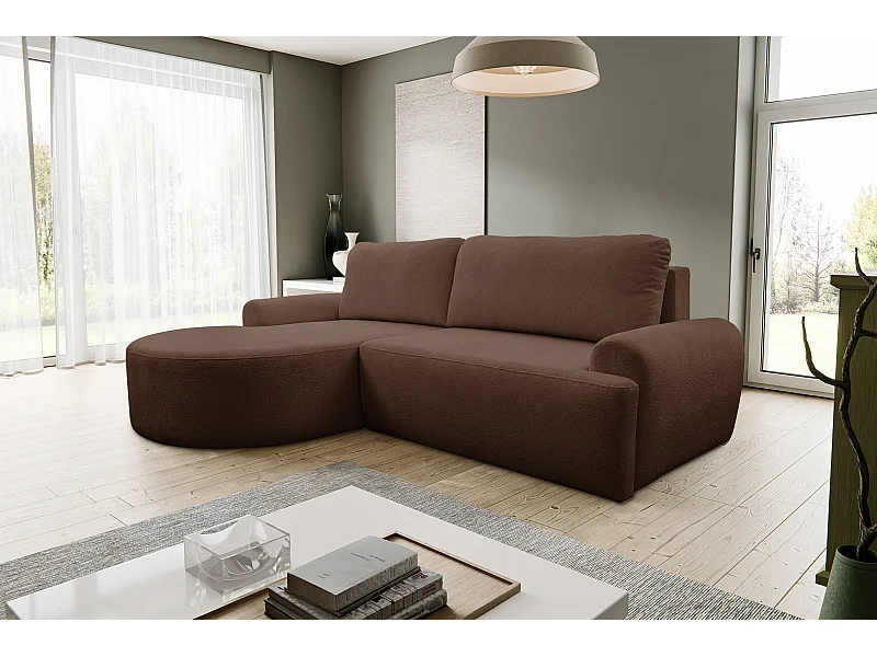 Canapé d'angle Dream avec fonction couchage et coffre de rangement, couleur : brun foncé, tissu bouclé, pouf à gauche