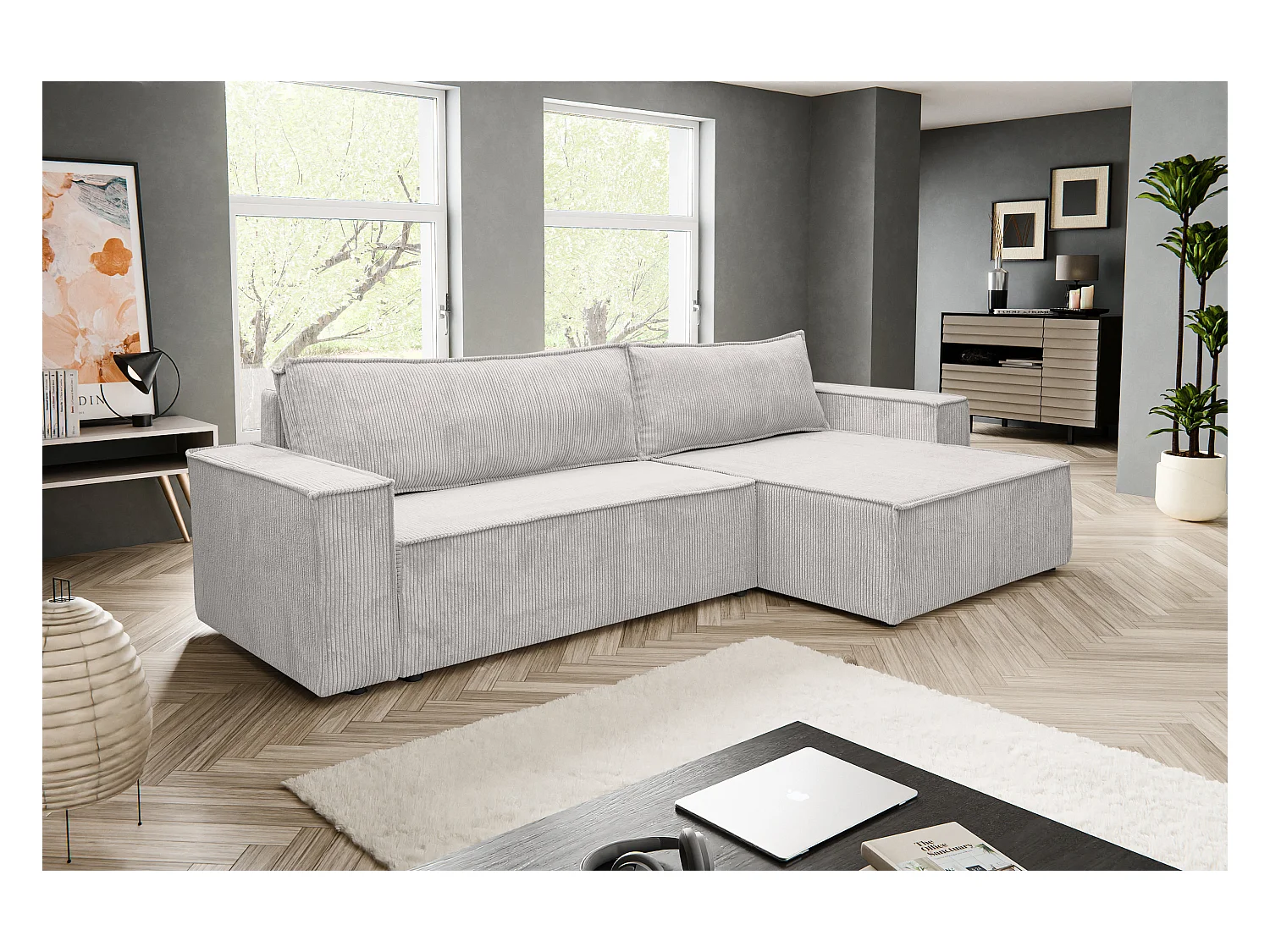 Canapé d'angle Hugo XL avec fonction couchage et coffre de rangement, couleur : gris clair, tissu cordé, ottomane à gauche ou à droite