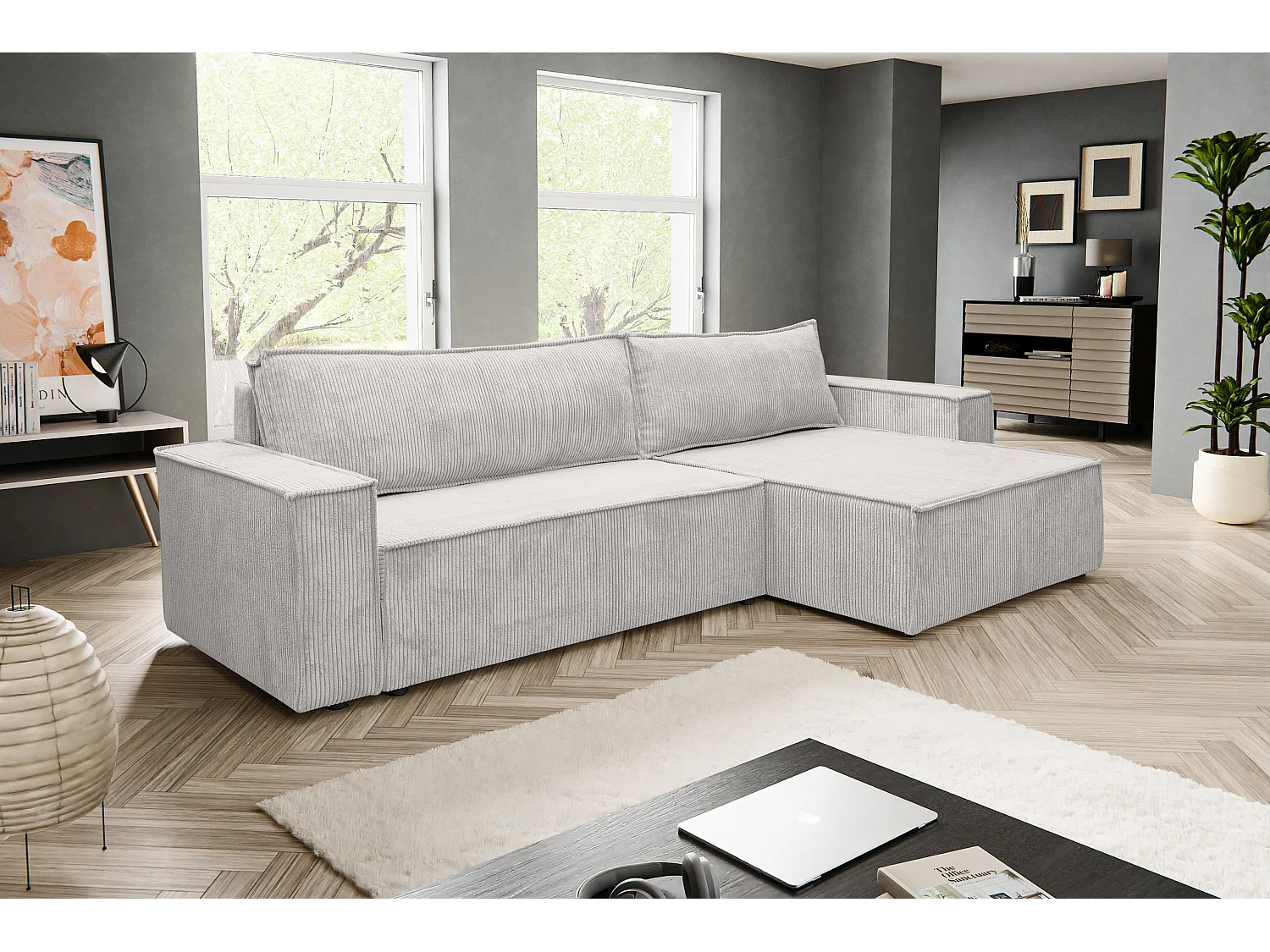 Canapé d'angle Hugo XL avec fonction couchage et coffre de rangement, couleur : gris clair, tissu cordé, ottomane à gauche ou à droite