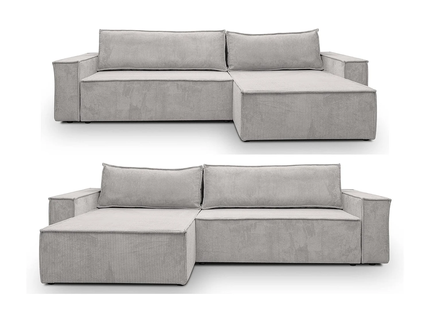 Canapé d'angle Hugo XL avec fonction couchage et coffre de rangement, couleur : gris clair, tissu cordé, ottomane à gauche ou à droite