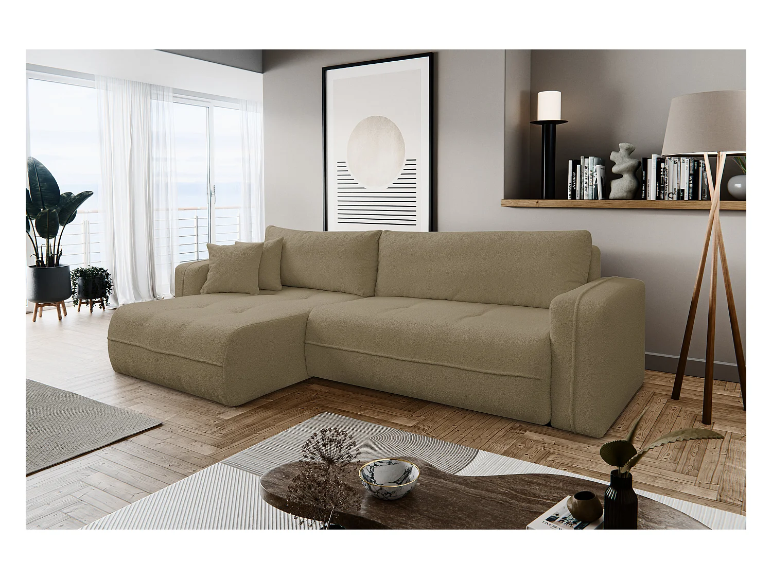 Canapé d'angle Cloud avec fonction couchage et coffre de rangement, couleur : marron, tissu bouclé, pouf universel