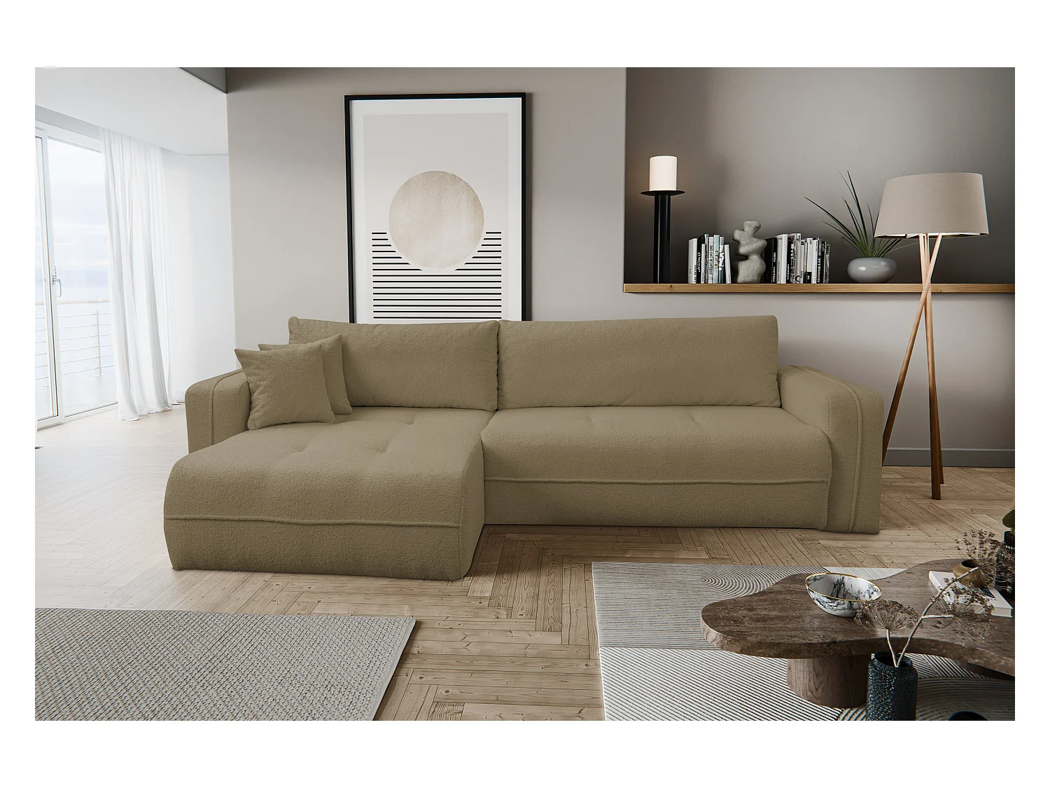 Canapé d'angle Cloud avec fonction couchage et coffre de rangement, couleur : marron, tissu bouclé, pouf universel