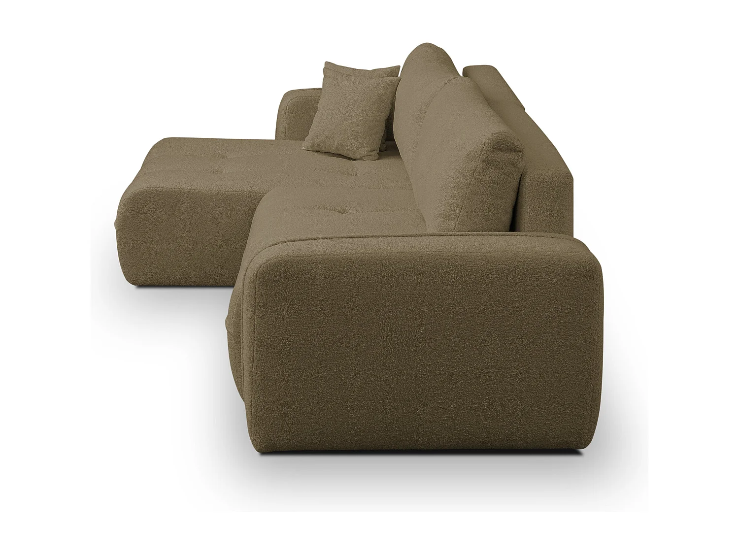 Canapé d'angle Cloud avec fonction couchage et coffre de rangement, couleur : marron, tissu bouclé, pouf universel