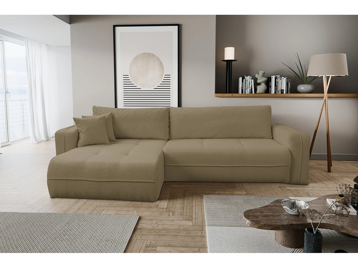 Hoekbank Cloud, hoekbank in L-vorm met slaapfunctie en bedbak, kleur: bruin, bouclé-stof, universele ottomane