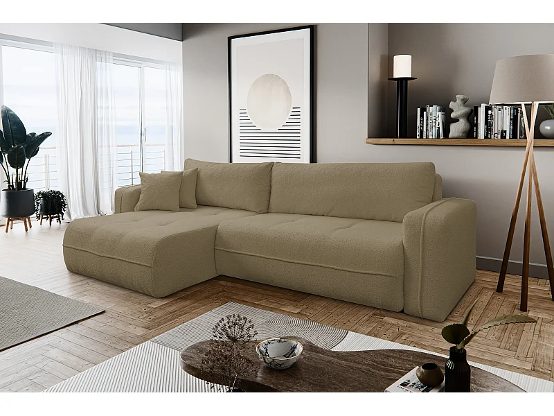 Canapé d'angle Cloud avec fonction couchage et coffre de rangement, couleur : marron, tissu bouclé, pouf universel