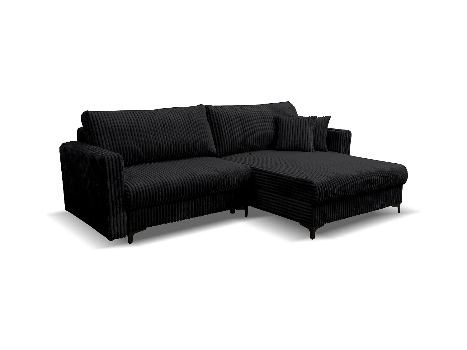 Canapé d'angle Como avec fonction couchage et coffre de rangement, couleur : noir, tissu cordé, pouf à droite