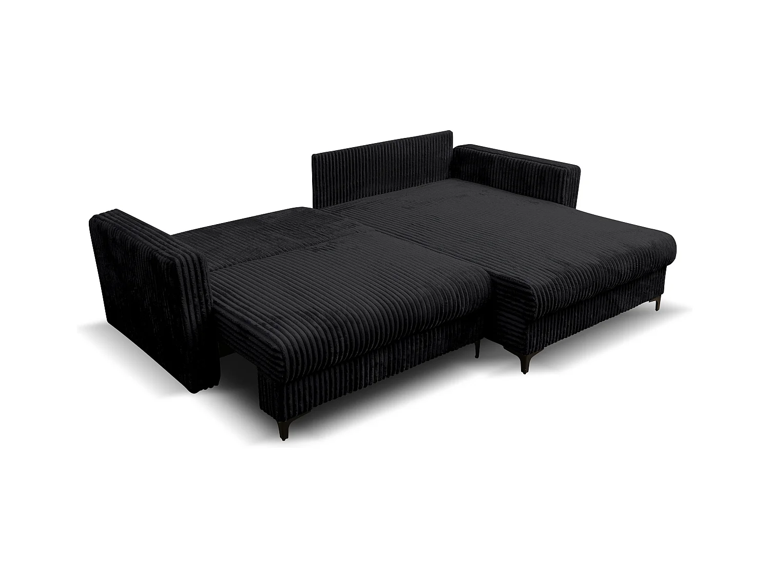 Canapé d'angle Como avec fonction couchage et coffre de rangement, couleur : noir, tissu cordé, pouf à droite