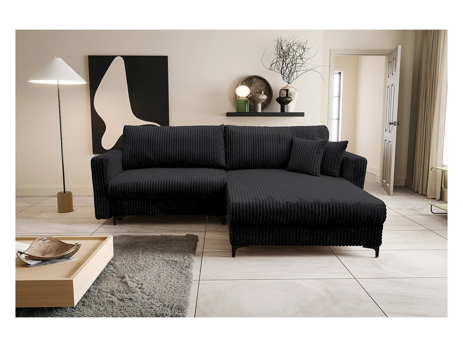 Canapé d'angle Como avec fonction couchage et coffre de rangement, couleur : noir, tissu cordé, pouf à droite