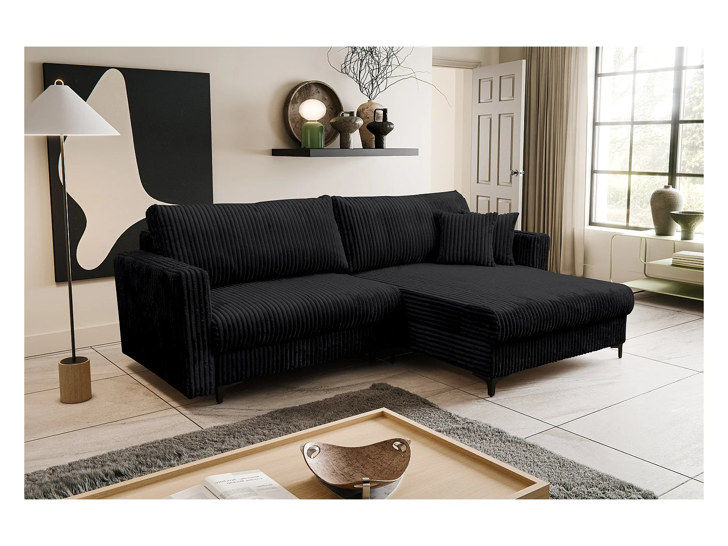 Hoekbank Como, hoekbank in L-vorm met slaapfunctie en bedbak, kleur: zwart, corduroy, ottomane rechts