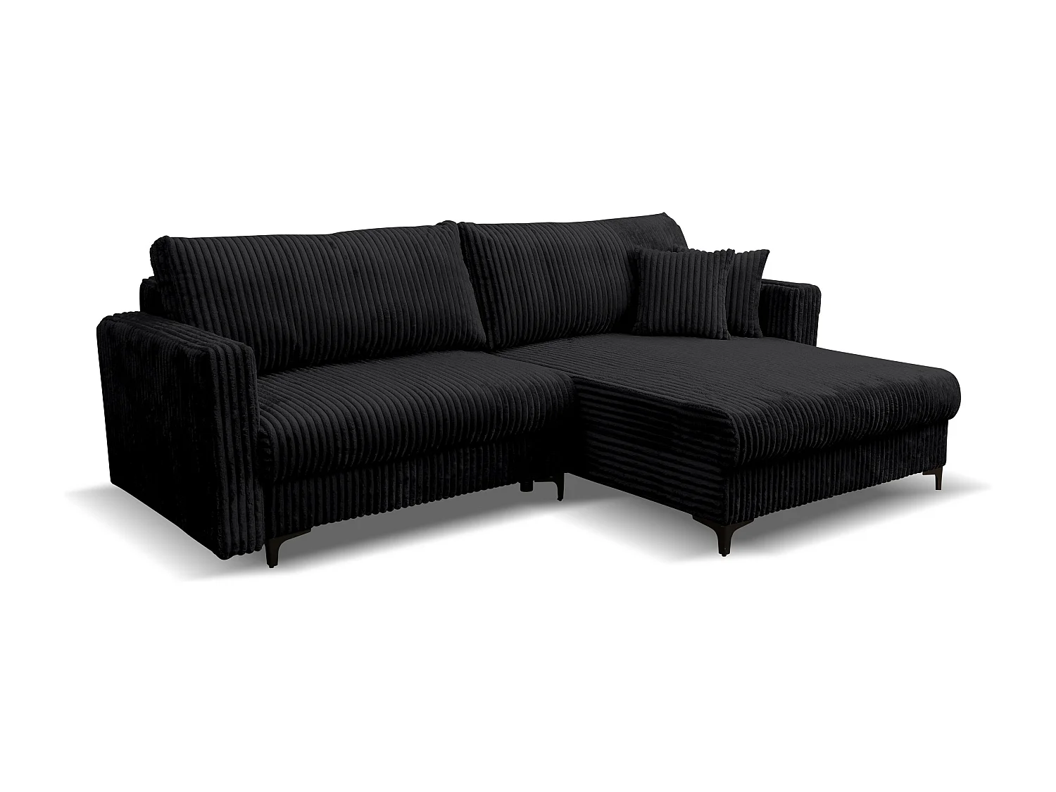 Canapé d'angle Como avec fonction couchage et coffre de rangement, couleur : noir, tissu cordé, pouf à droite