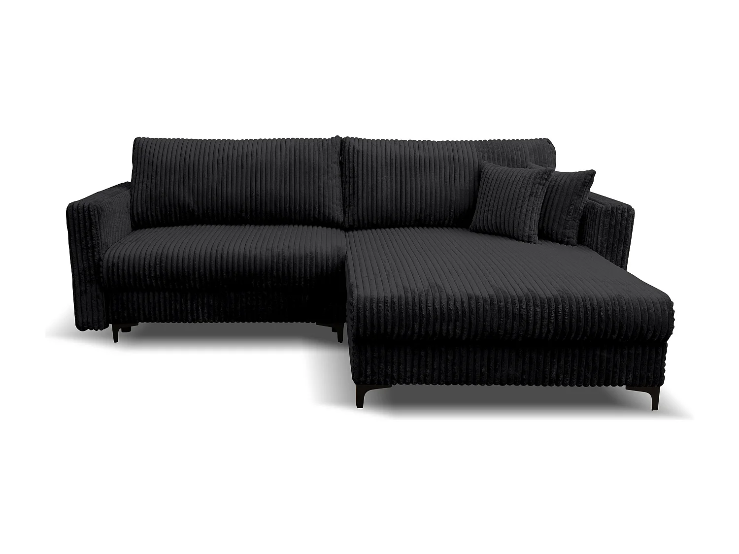 Canapé d'angle Como avec fonction couchage et coffre de rangement, couleur : noir, tissu cordé, pouf à droite
