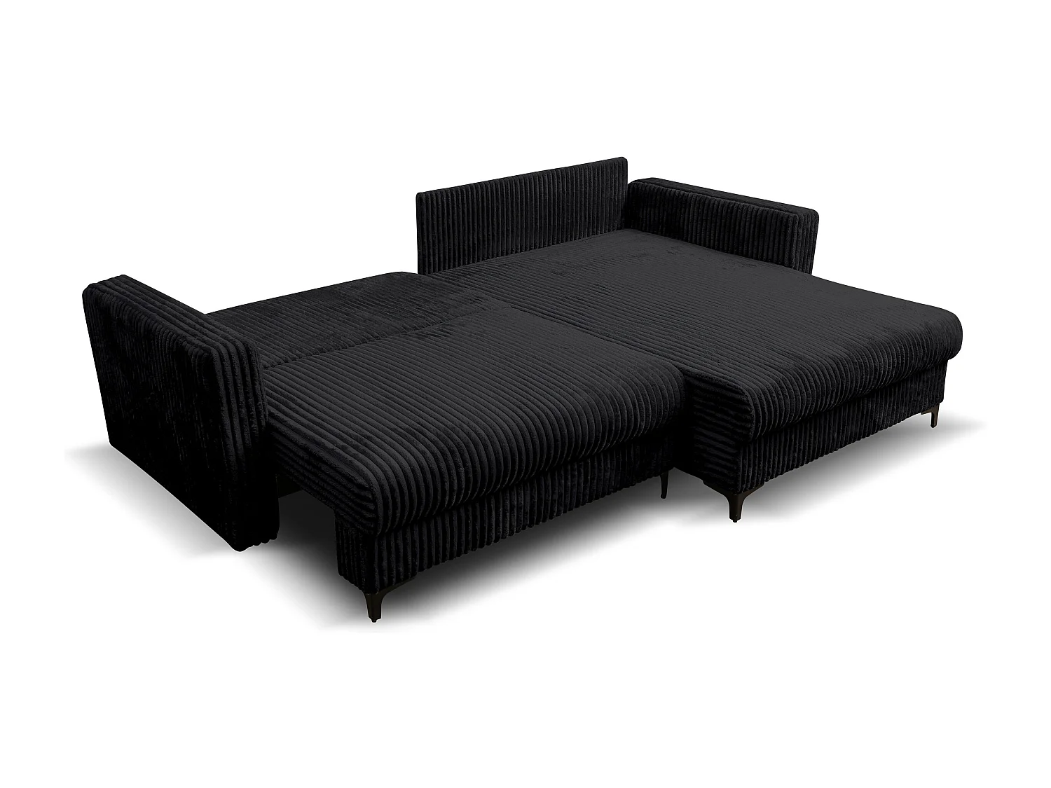 Canapé d'angle Como avec fonction couchage et coffre de rangement, couleur : noir, tissu cordé, pouf à droite