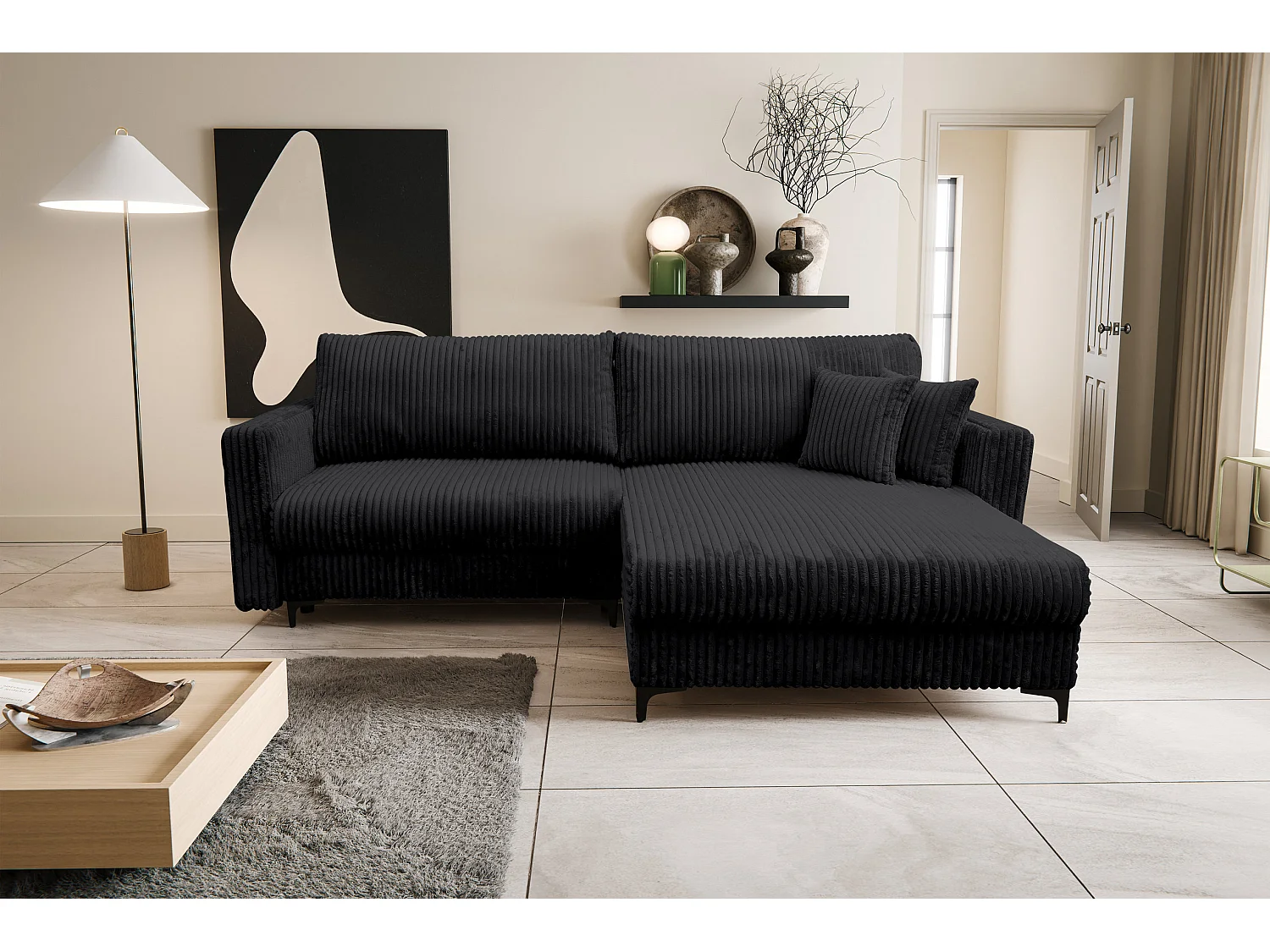 Canapé d'angle Como avec fonction couchage et coffre de rangement, couleur : noir, tissu cordé, pouf à droite