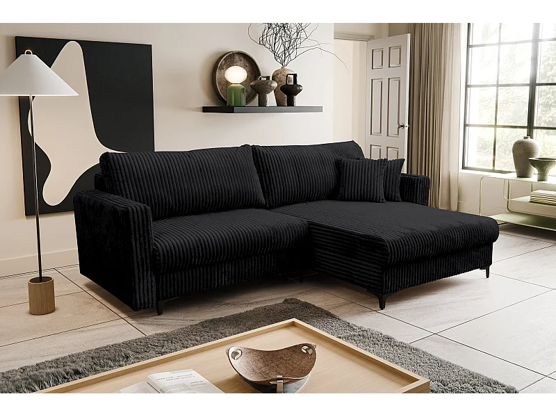Canapé d'angle Como avec fonction couchage et coffre de rangement, couleur : noir, tissu cordé, pouf à droite