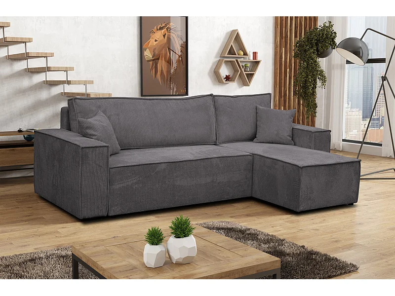 Canapé d'angle Hugo L avec fonction couchage et coffre de rangement, couleur : gris foncé, tissu cordé, pouf universel