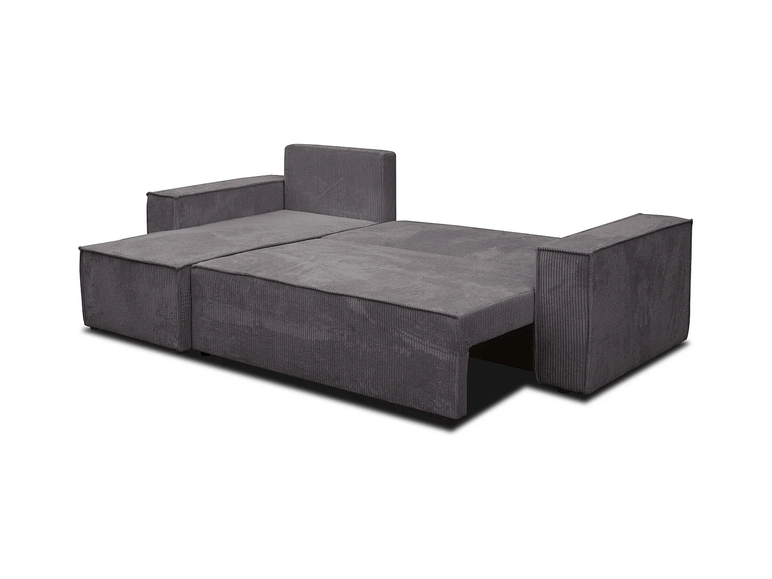 Canapé d'angle Hugo L avec fonction couchage et coffre de rangement, couleur : gris foncé, tissu cordé, pouf universel