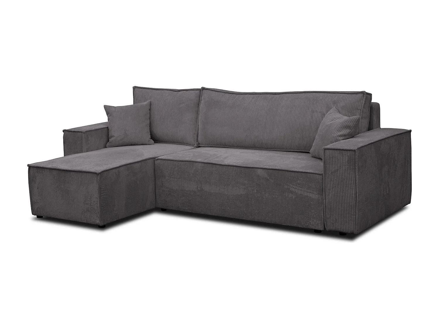 Canapé d'angle Hugo L avec fonction couchage et coffre de rangement, couleur : gris foncé, tissu cordé, pouf universel