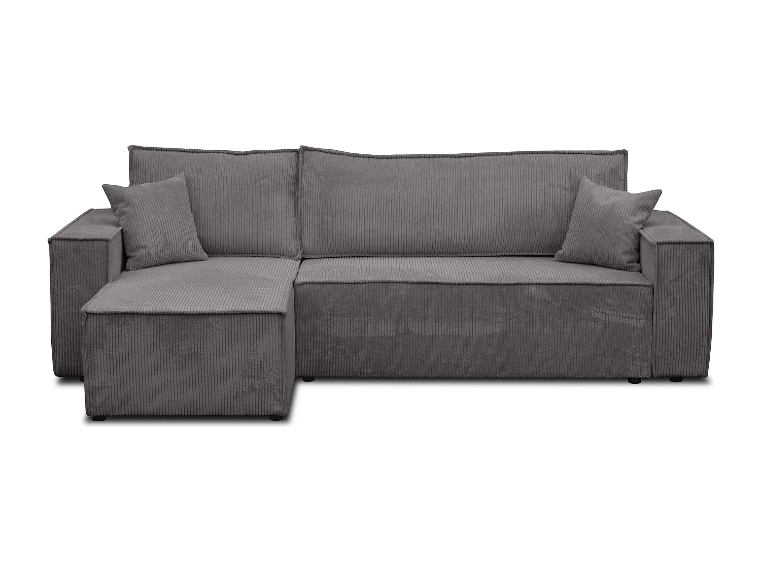 Canapé d'angle Hugo L avec fonction couchage et coffre de rangement, couleur : gris foncé, tissu cordé, pouf universel