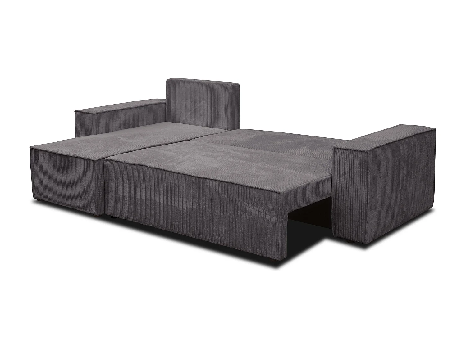 Canapé d'angle Hugo L avec fonction couchage et coffre de rangement, couleur : gris foncé, tissu cordé, pouf universel