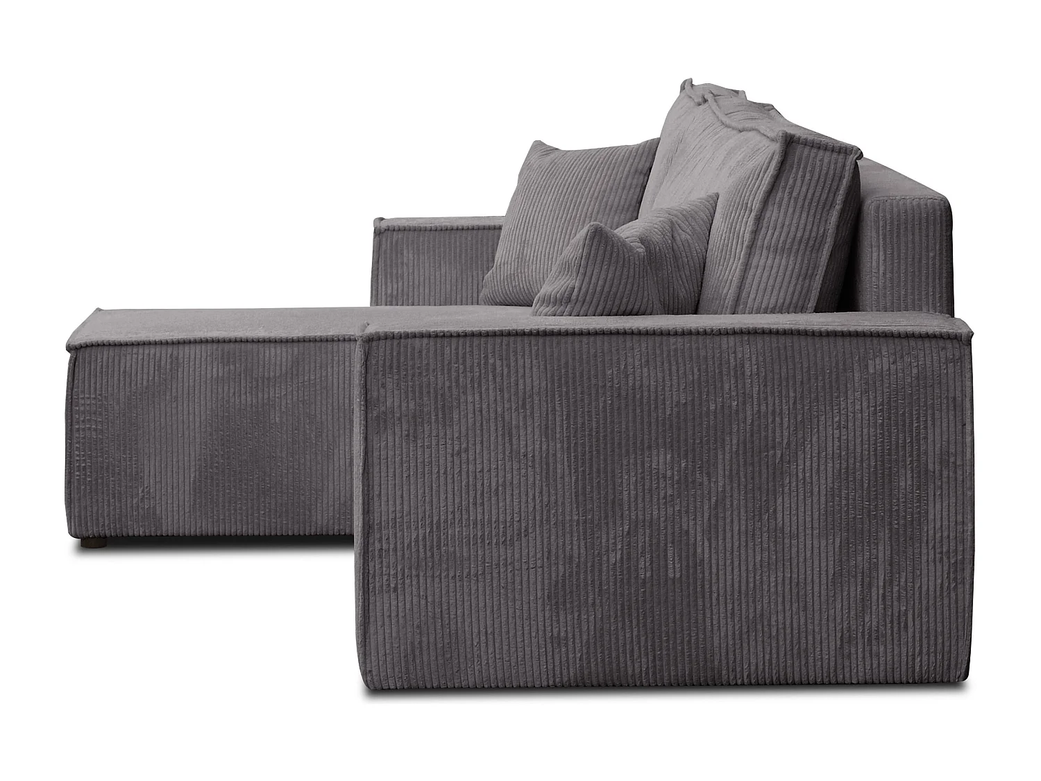 Canapé d'angle Hugo L avec fonction couchage et coffre de rangement, couleur : gris foncé, tissu cordé, pouf universel