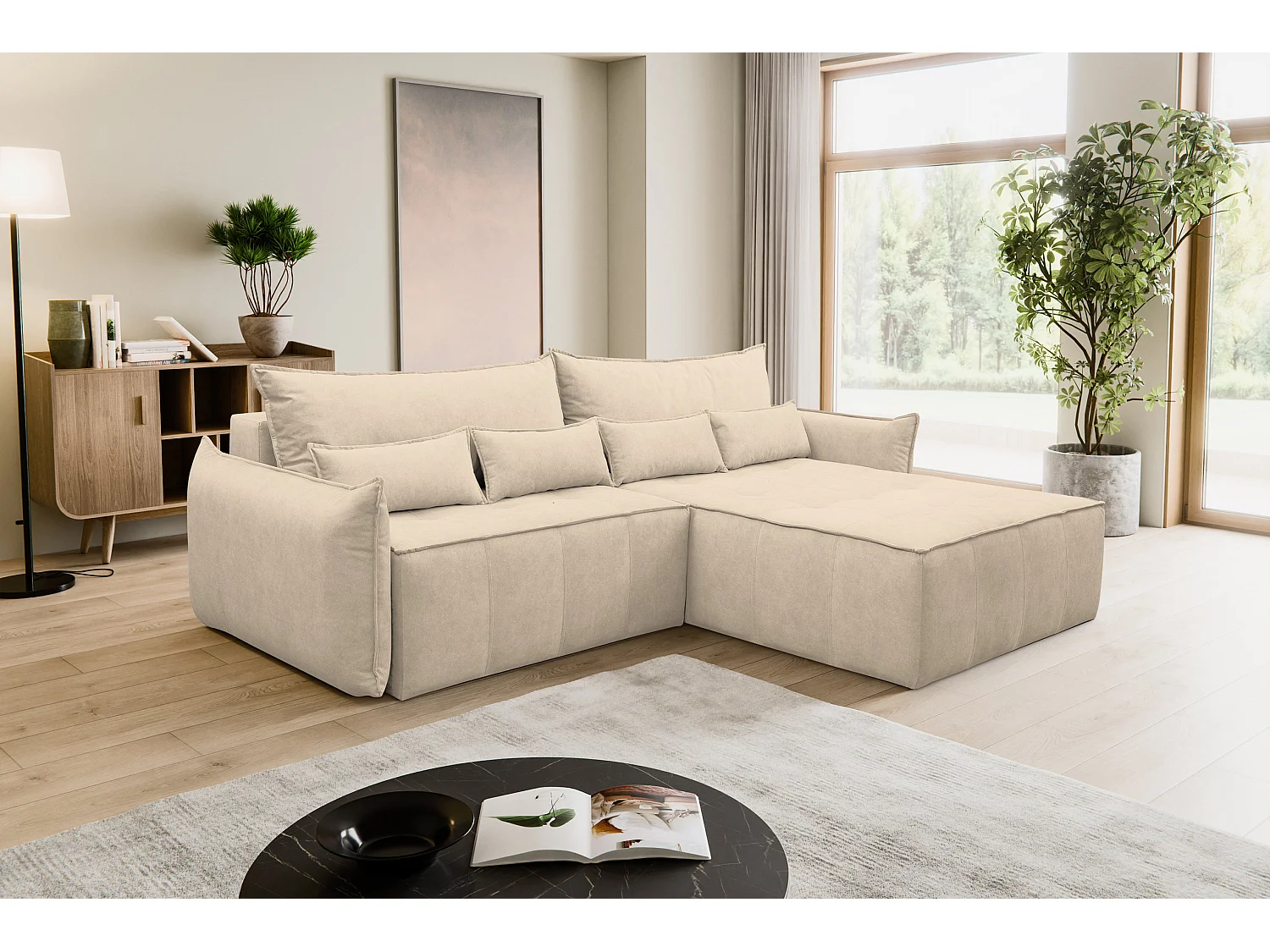 Canapé d'angle Empoli avec fonction couchage et coffre de rangement, couleur : beige, tissu velours, pouf à droite