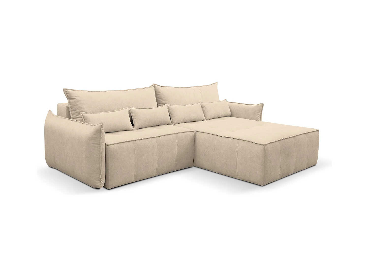 Canapé d'angle Empoli avec fonction couchage et coffre de rangement, couleur : beige, tissu velours, pouf à droite