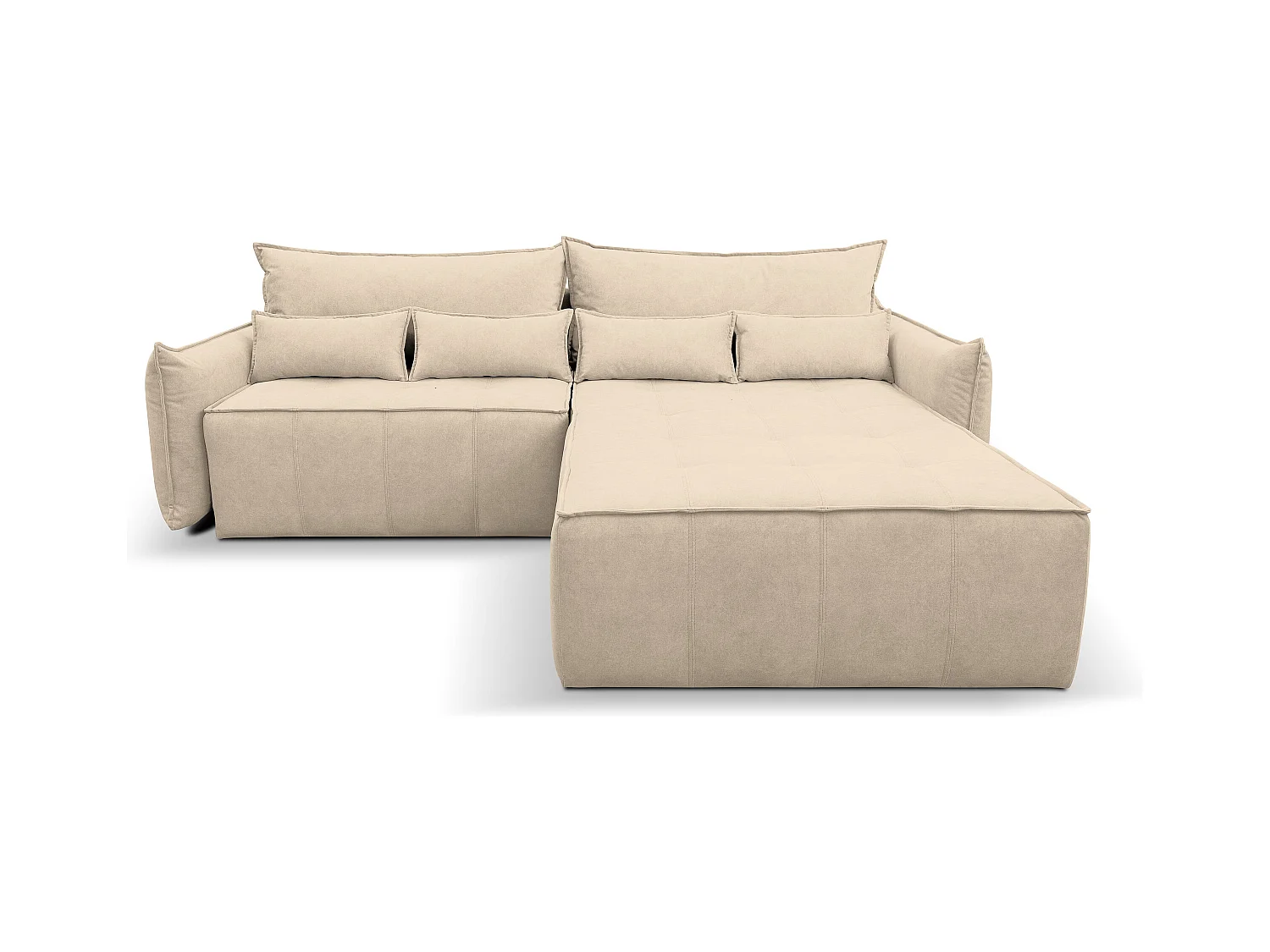 Canapé d'angle Empoli avec fonction couchage et coffre de rangement, couleur : beige, tissu velours, pouf à droite