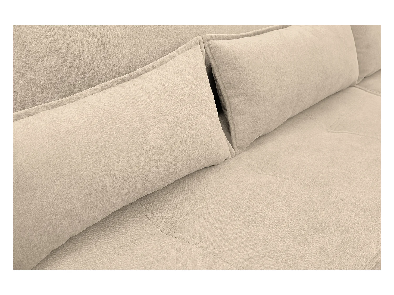 Canapé d'angle Empoli avec fonction couchage et coffre de rangement, couleur : beige, tissu velours, pouf à droite