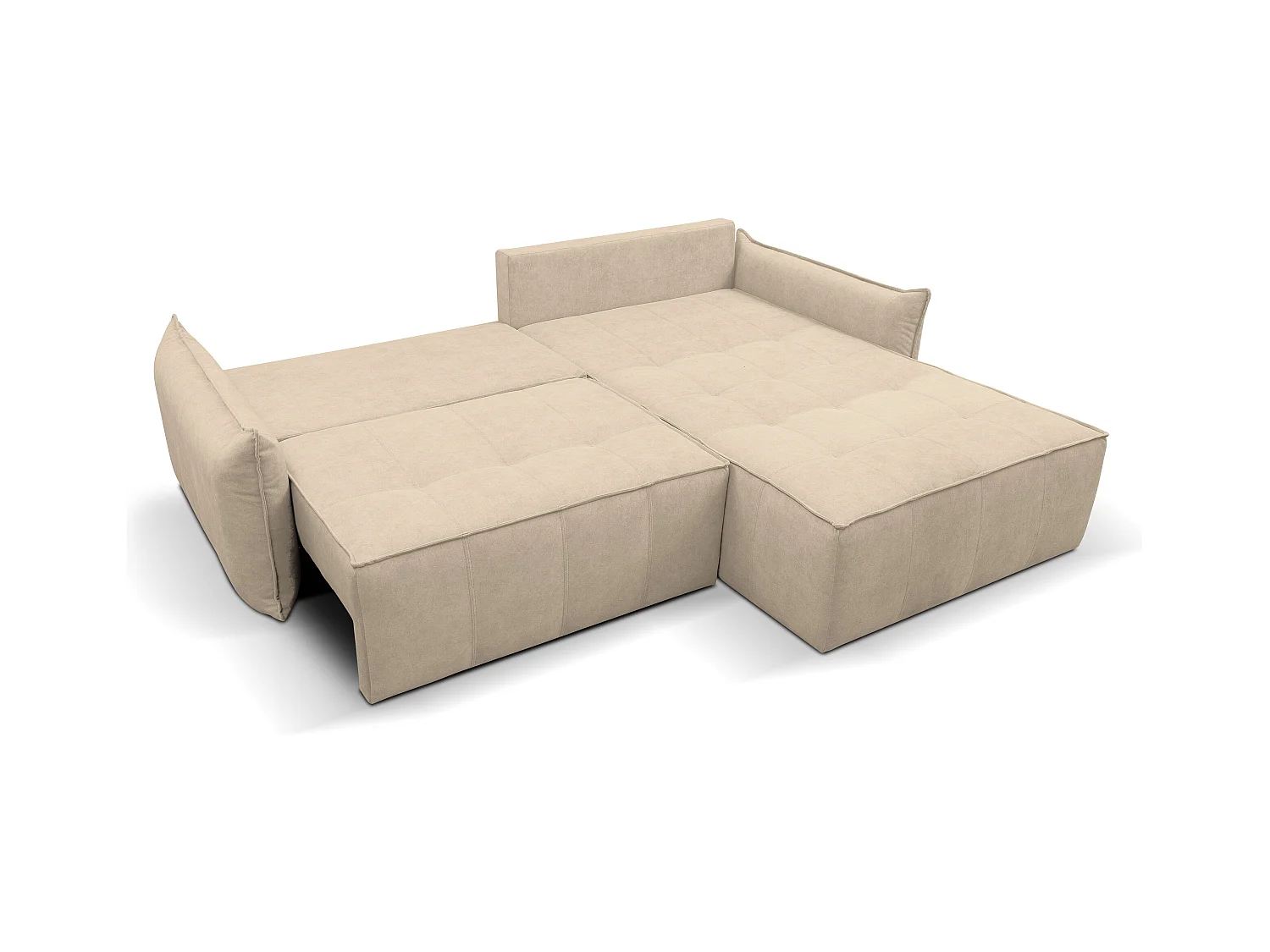 Canapé d'angle Empoli avec fonction couchage et coffre de rangement, couleur : beige, tissu velours, pouf à droite