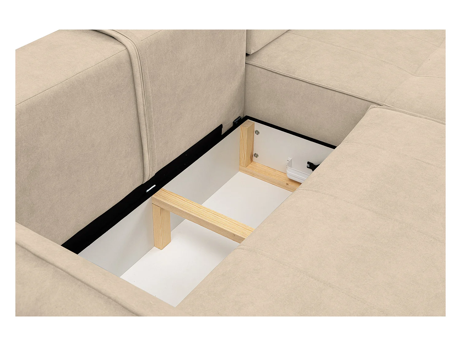 Canapé d'angle Empoli avec fonction couchage et coffre de rangement, couleur : beige, tissu velours, pouf à droite