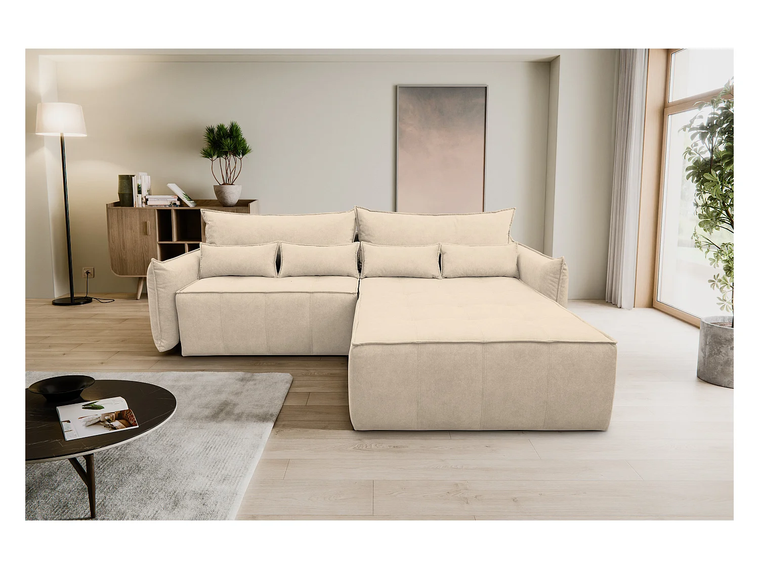 Canapé d'angle Empoli avec fonction couchage et coffre de rangement, couleur : beige, tissu velours, pouf à droite