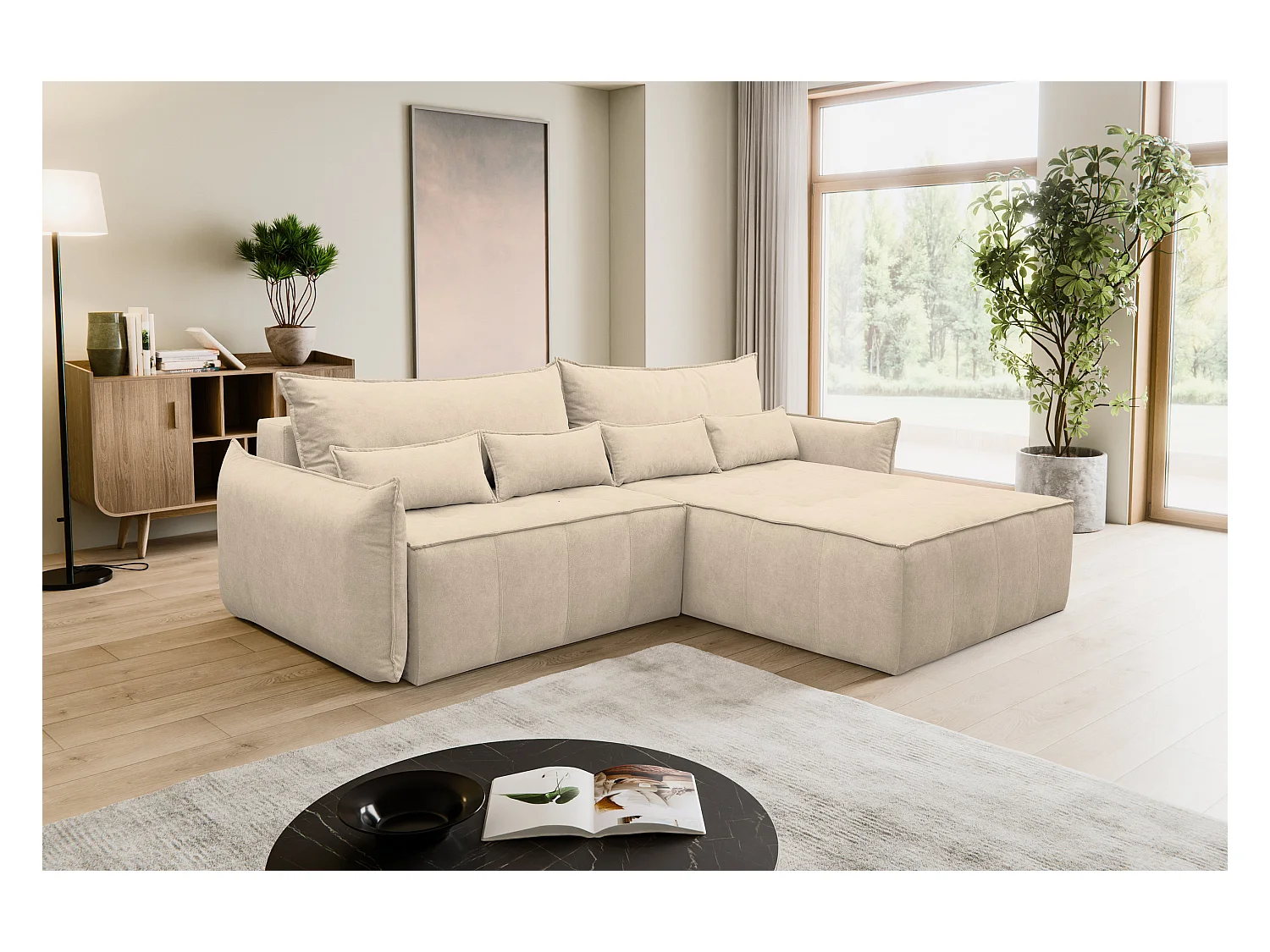 Hoekbank Empoli, hoekbank in L-vorm met slaapfunctie en bedbak, kleur: beige, veloursstof, ottomane rechts