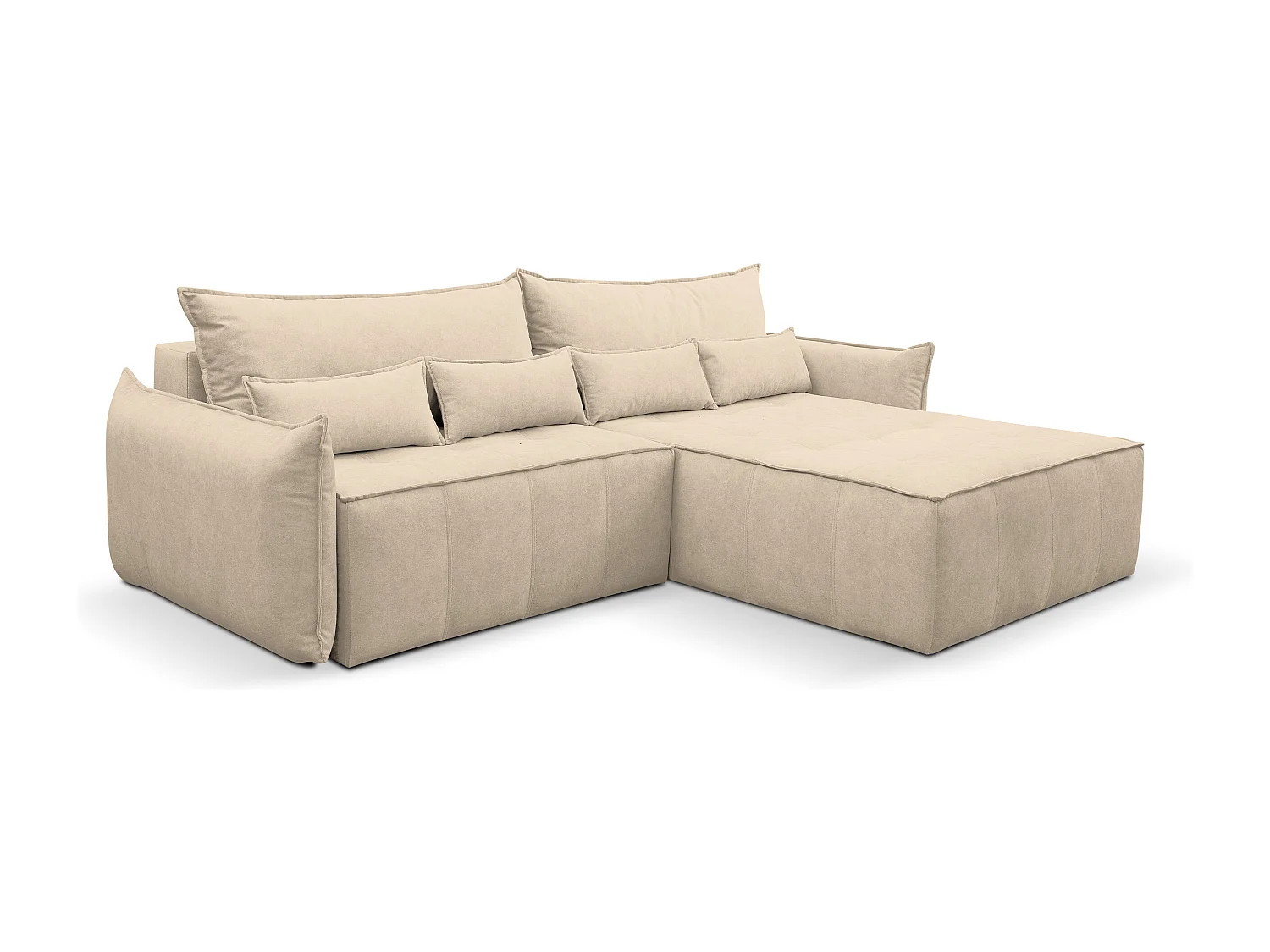 Canapé d'angle Empoli avec fonction couchage et coffre de rangement, couleur : beige, tissu velours, pouf à droite