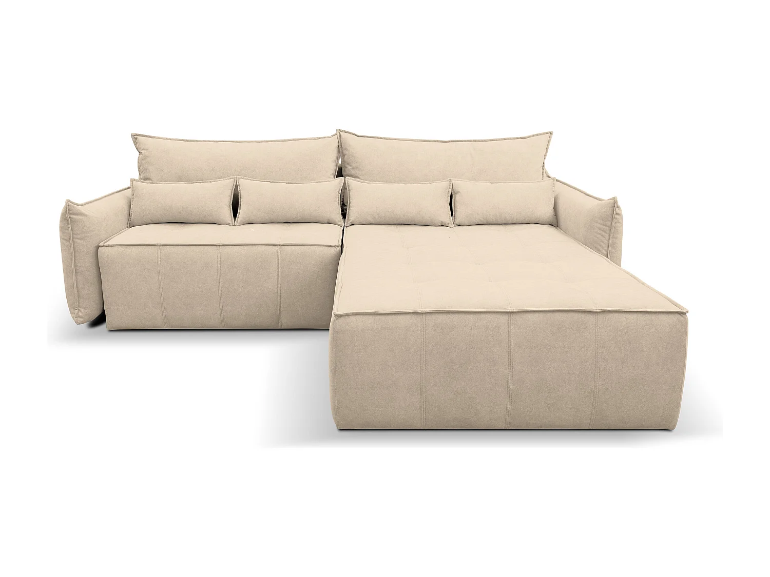 Canapé d'angle Empoli avec fonction couchage et coffre de rangement, couleur : beige, tissu velours, pouf à droite