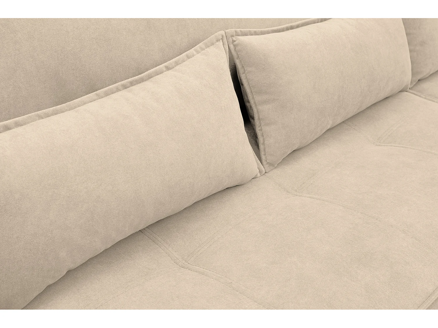 Canapé d'angle Empoli avec fonction couchage et coffre de rangement, couleur : beige, tissu velours, pouf à droite