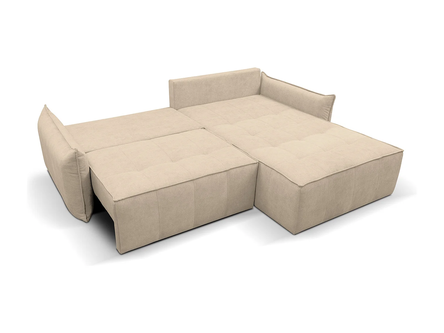 Canapé d'angle Empoli avec fonction couchage et coffre de rangement, couleur : beige, tissu velours, pouf à droite