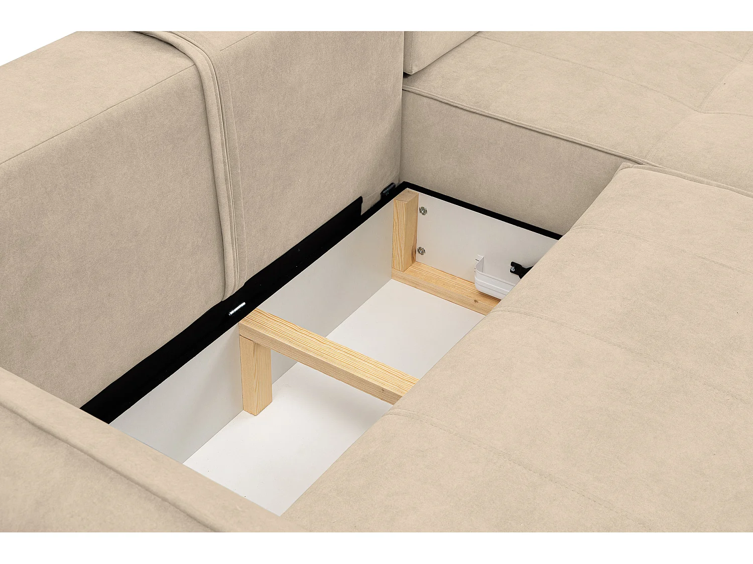 Canapé d'angle Empoli avec fonction couchage et coffre de rangement, couleur : beige, tissu velours, pouf à droite
