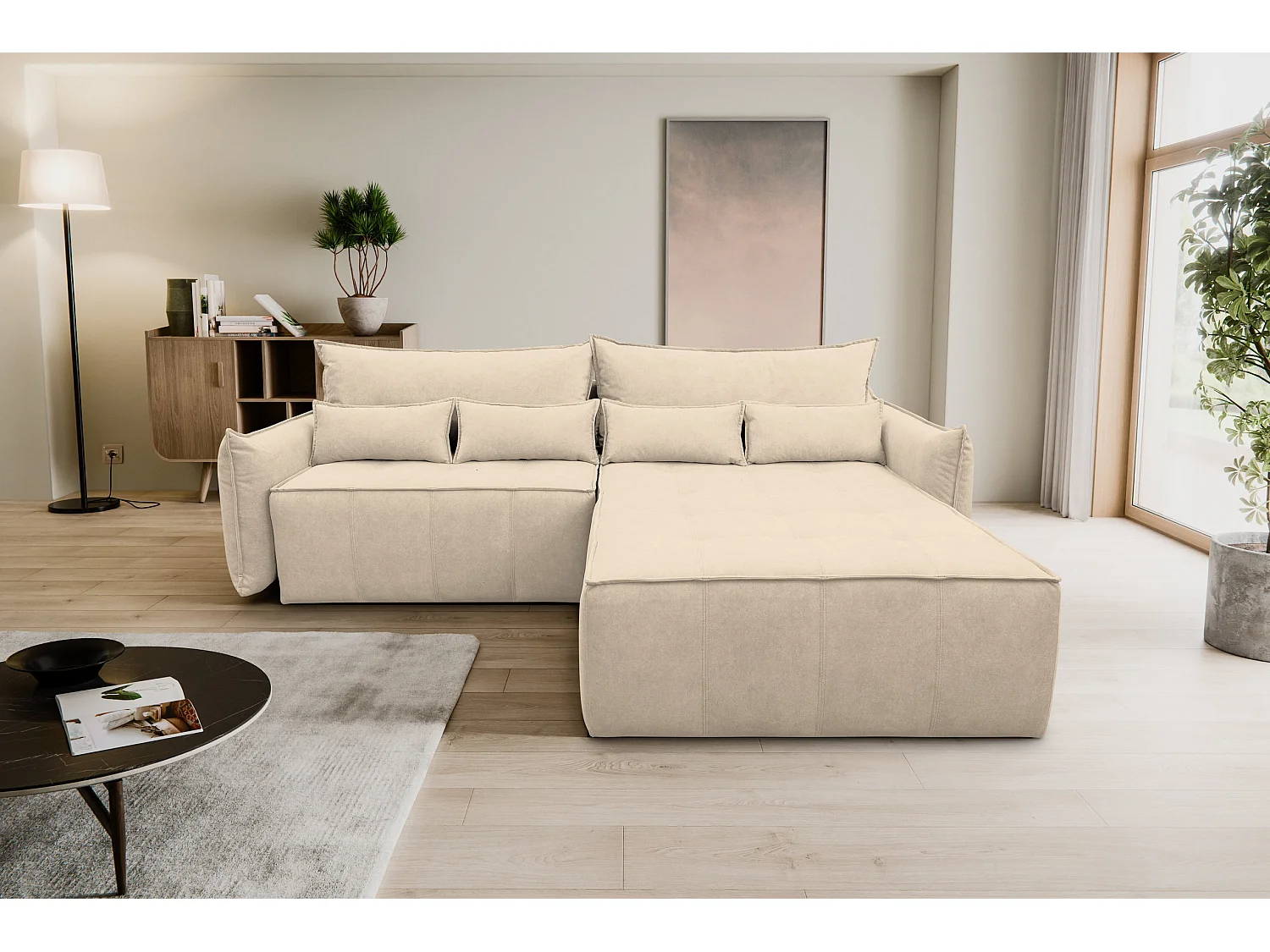 Canapé d'angle Empoli avec fonction couchage et coffre de rangement, couleur : beige, tissu velours, pouf à droite