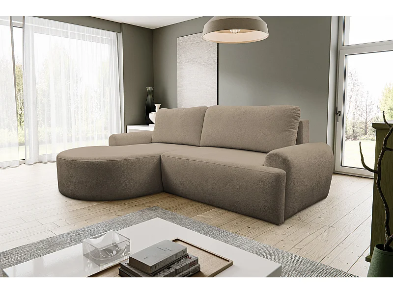 Hoekbank Dream, hoekbank in L-vorm met slaapfunctie en bedbak, kleur: bruin, bouclé-stof, ottomane links