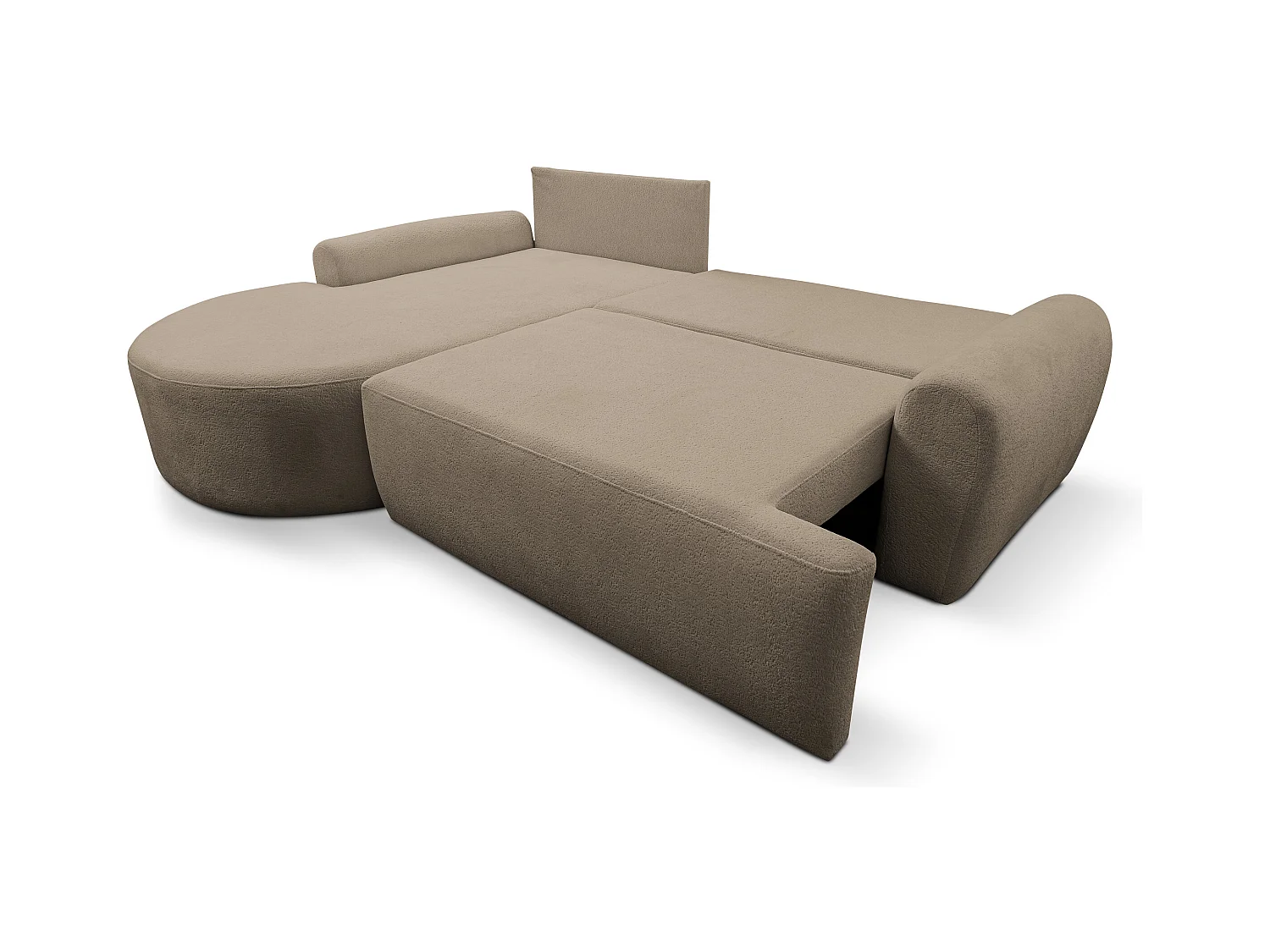 Canapé d'angle Dream avec fonction couchage et coffre de rangement, couleur : marron, tissu bouclé, ottomane à gauche